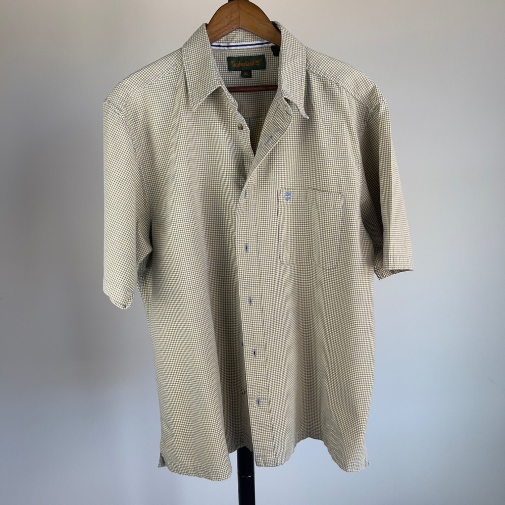 Timberland Mens XL Short Sleeve Button Down Shirt Micro Gingham Tan Blue Cotton